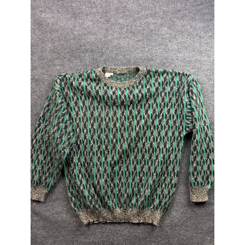 Vintage Knit Sweater Men L COOGI Style Teal Grey Geometric Diamond Made in Italy
